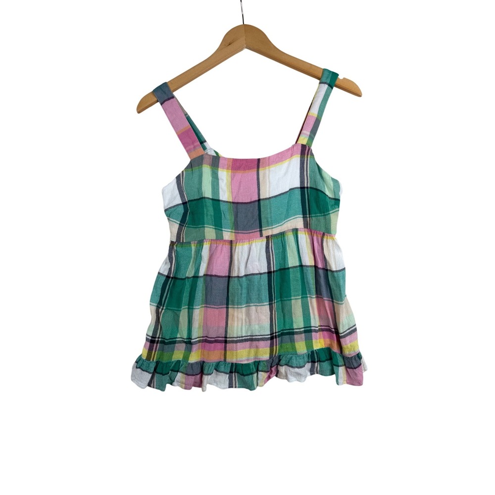 Loft Plaid Tie Back Peplum Blouse size 4 Green/Pink/White